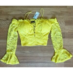 NEW Womens Sheer Lace Up Bright Yellow Long Bell Sleeve Festival Crop Top Large
